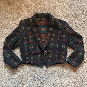 Mixed Blues Aztec Western Fringe Wool Blend Black Teal Bolero Short Jacket Sz M